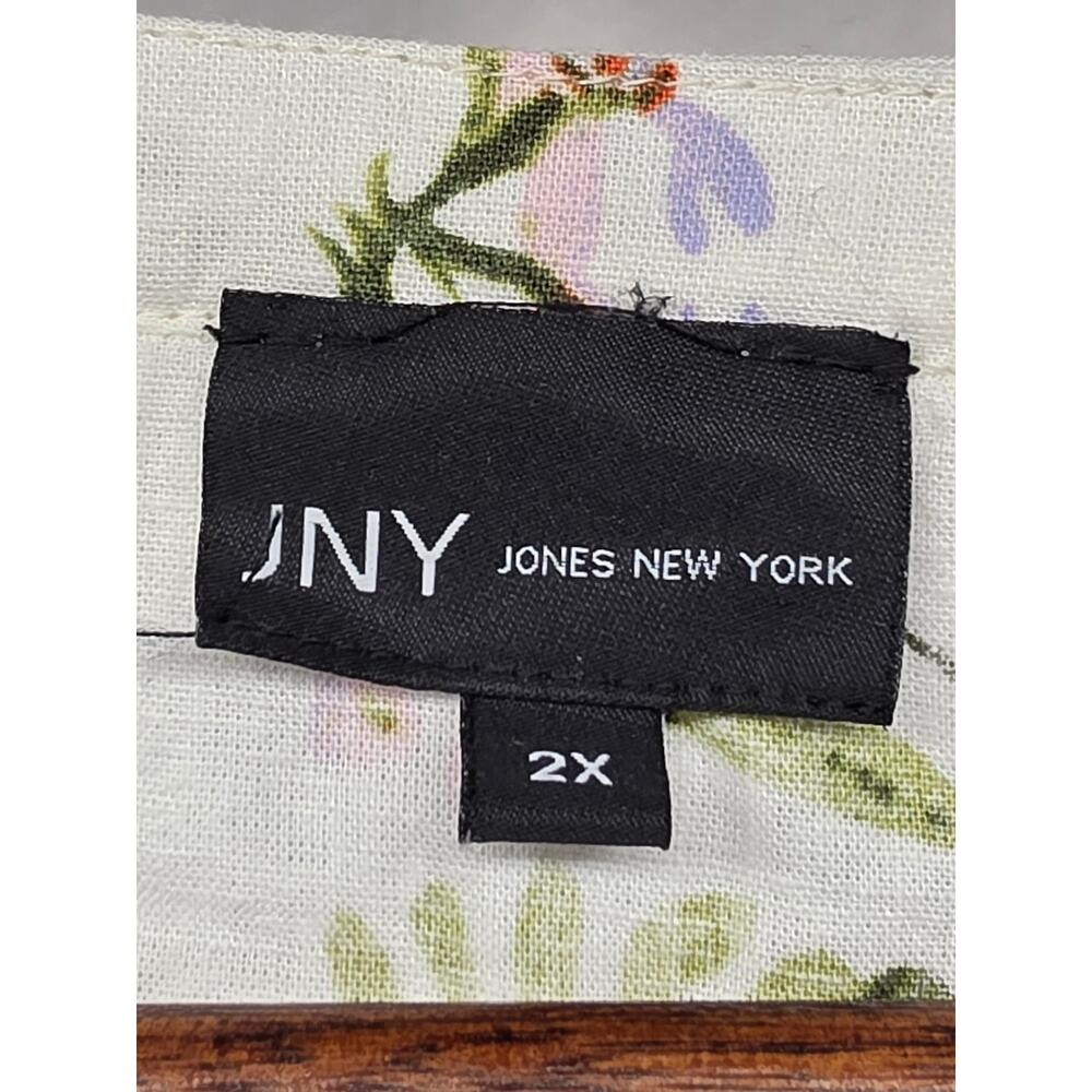 JNY Jones New York 2X Linen Blend Floral Peplum Blouse Roll Tab Sleeves White - Picture 4 of 7